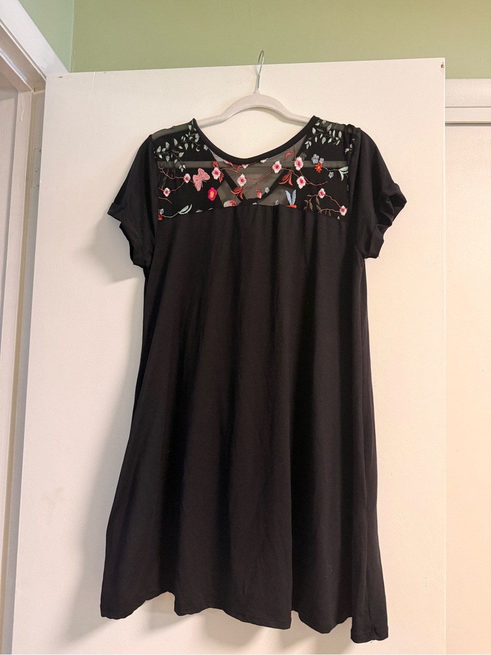 Black Dress with Floral Embroidered Mesh Yoke